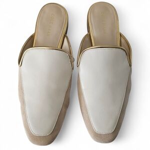Cole Haan Perley Pointed Toe Mule Cream Leather Gold Trim Slip On Size 6.5